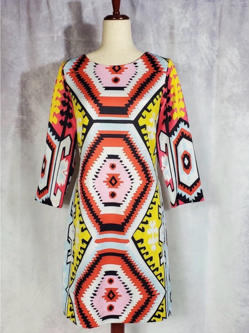 CK Bradley Geo-Print Shift Dress in Coral, Pink & Yellow XL